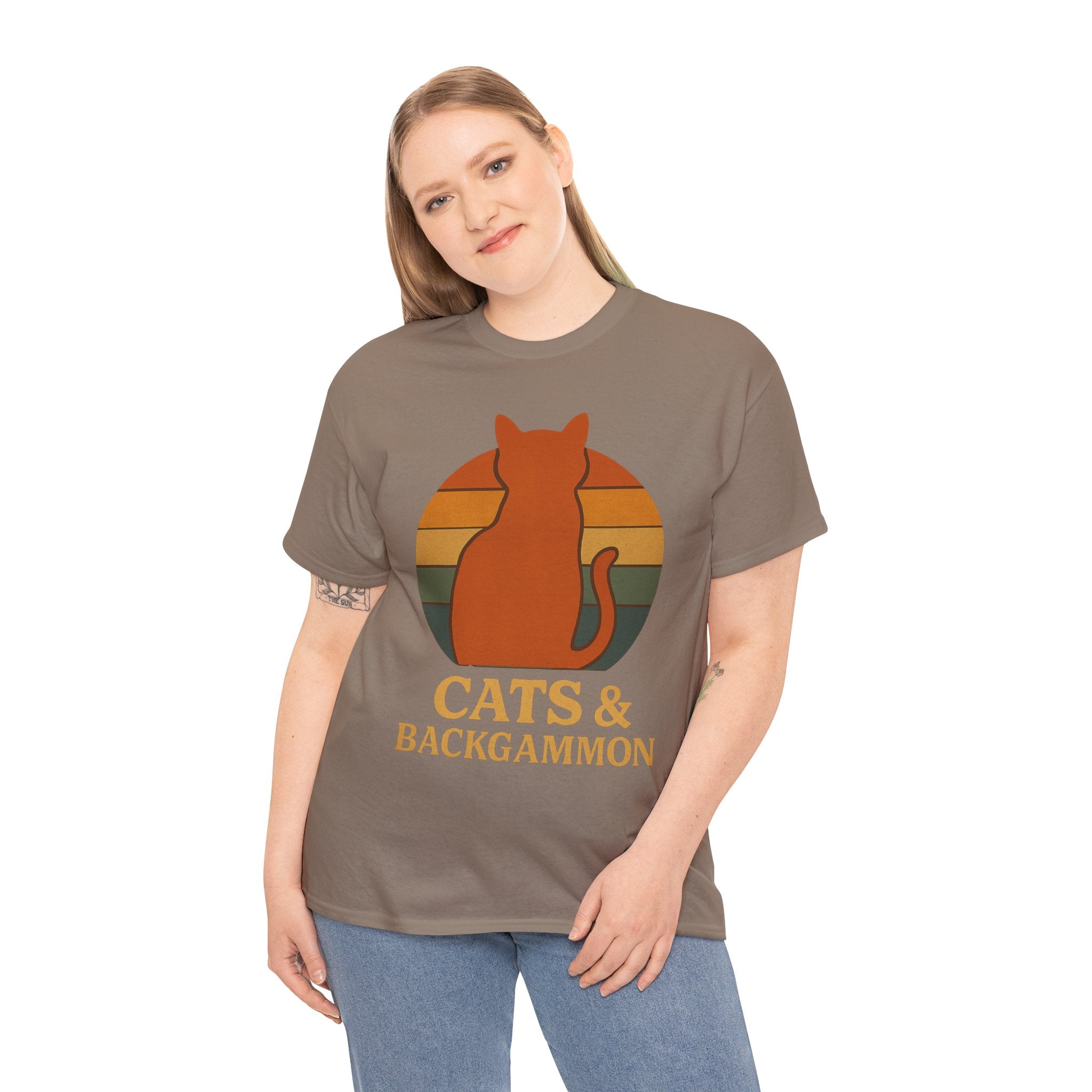 Retro Cat Silhouette Cats & Backgammon T-Shirt | Vintage Sunset Cat Tee