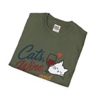 Cats, Wine & Backgammon T-Shirt — Funny Cat Lover Graphic Tee