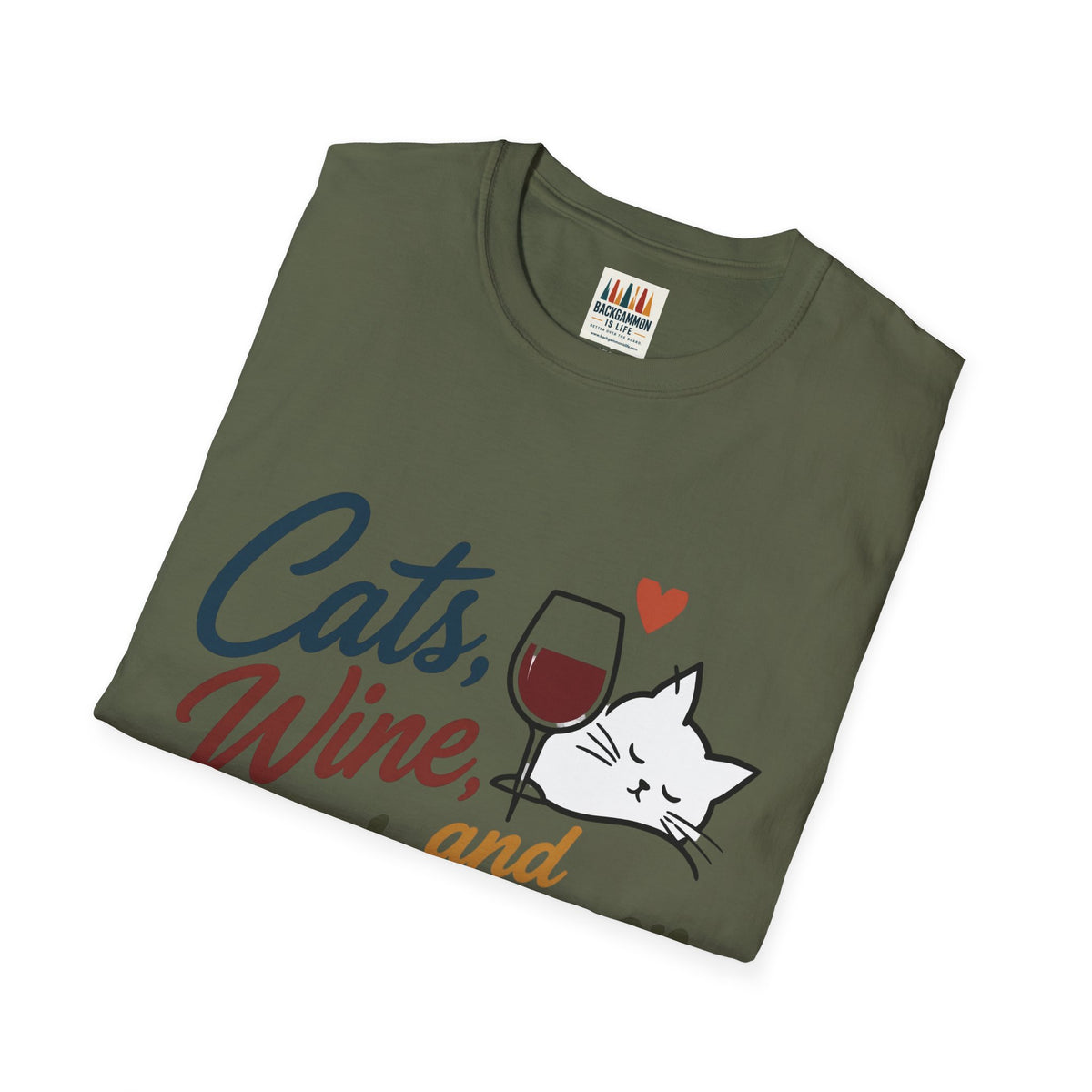 Cats, Wine & Backgammon T-Shirt — Funny Cat Lover Graphic Tee