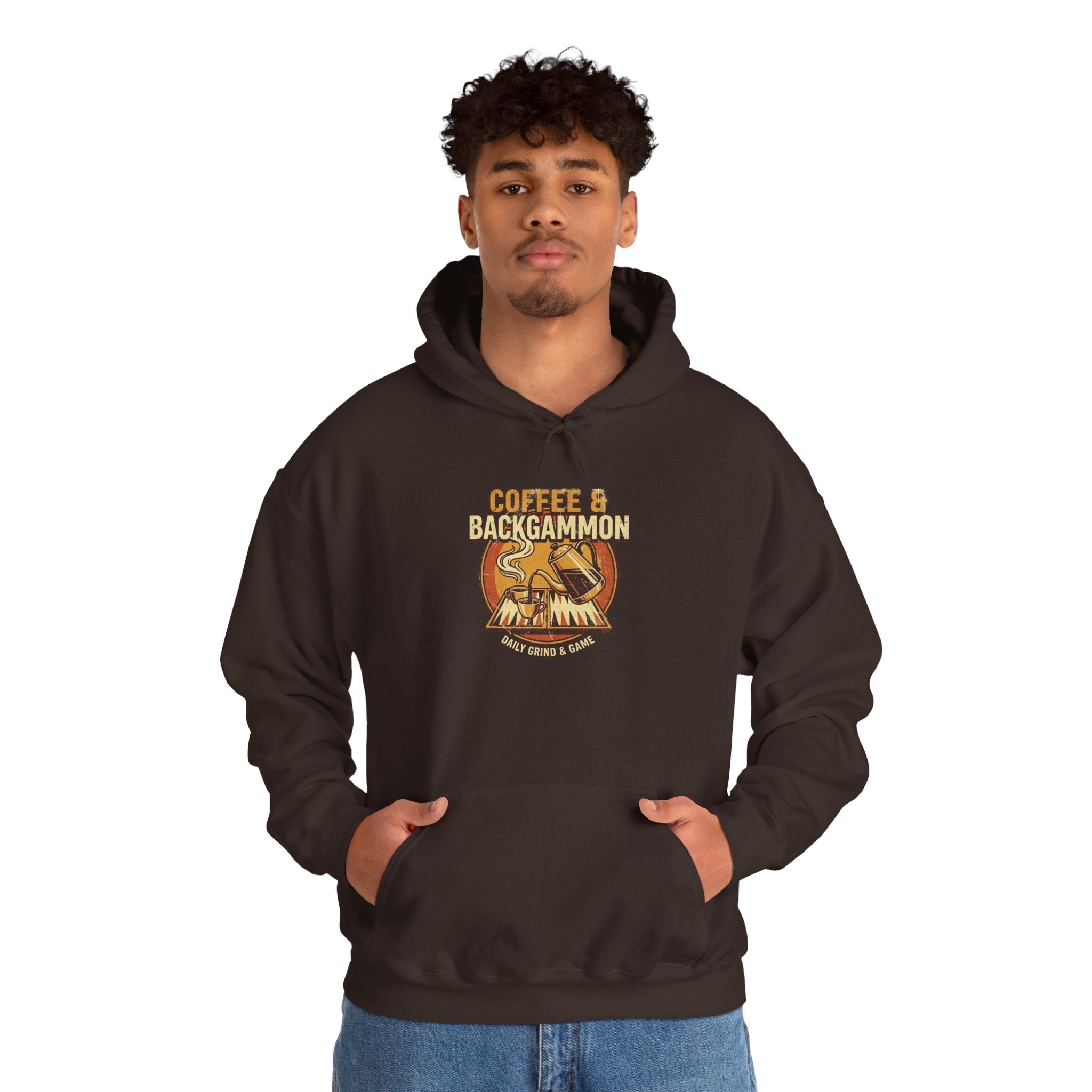 Coffee & Backgammon Unisex Heavy Blend™ Hooded Sweatshirt — Retro Coffee Lovers Game Night Sweatshirt