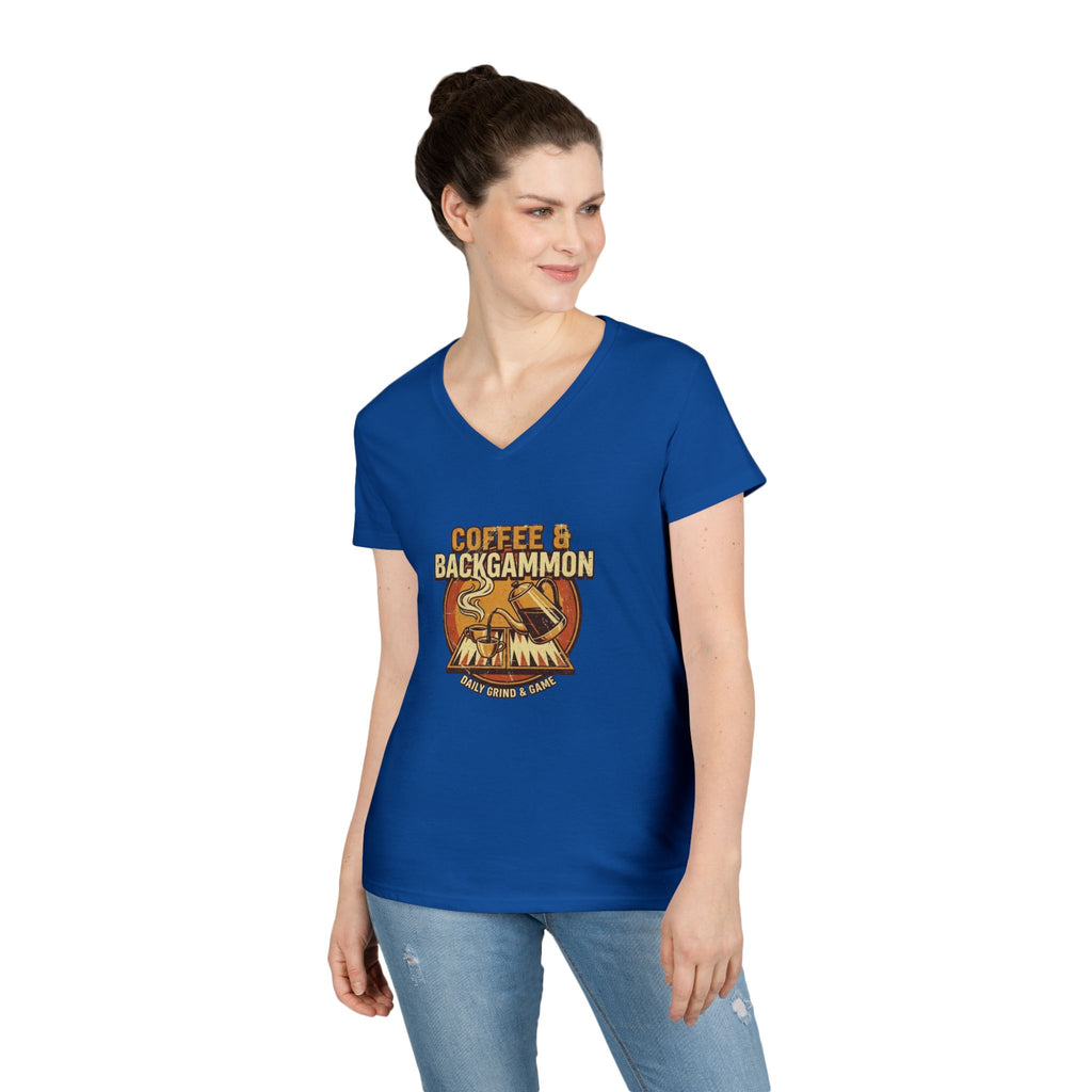 Coffee & Backgammon Ladies' V-Neck T-Shirt — Women's Casual Game Night Shirt