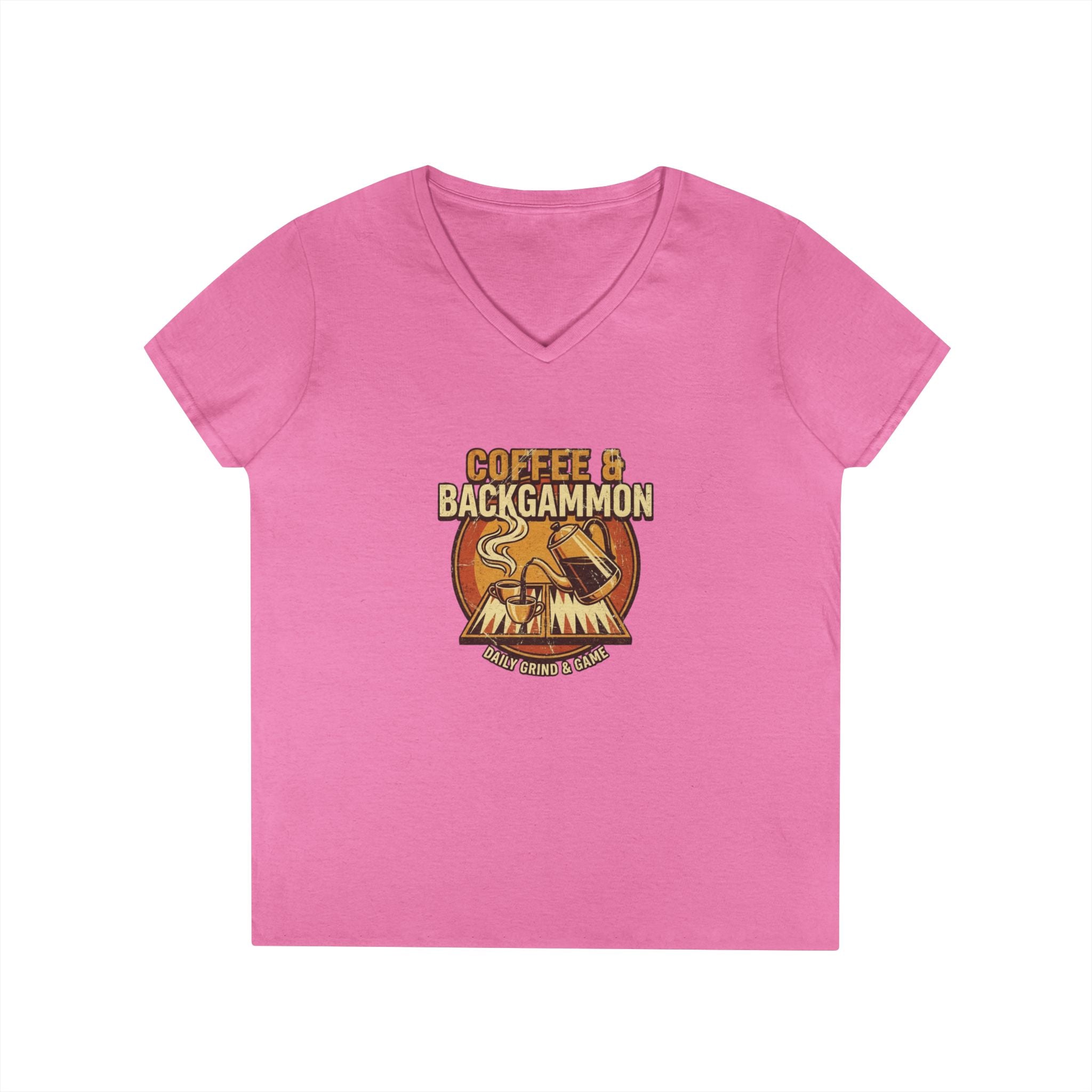 Coffee & Backgammon Ladies' V-Neck T-Shirt — Women's Casual Game Night Shirt