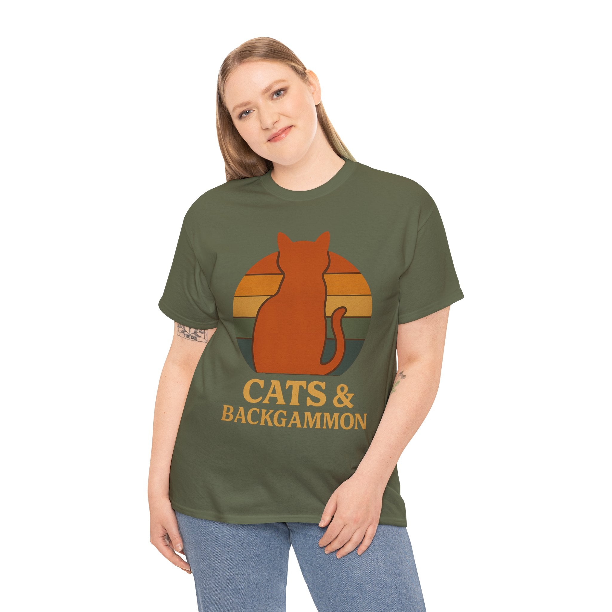 Retro Cat Silhouette Cats & Backgammon T-Shirt | Vintage Sunset Cat Tee