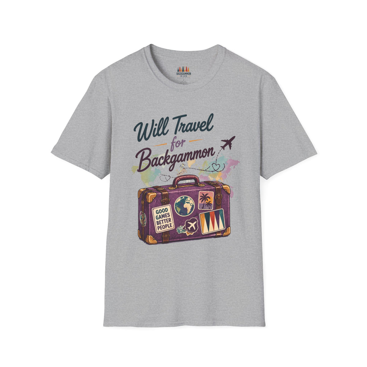 Backgammon Travel T-Shirt — "Will Travel for Backgammon" Vintage Suitcase Design