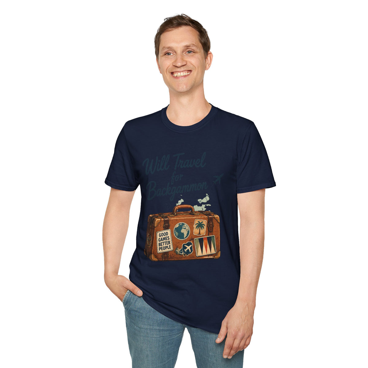 Backgammon Travel T-Shirt — "Will Travel for Backgammon" Vintage Suitcase Design