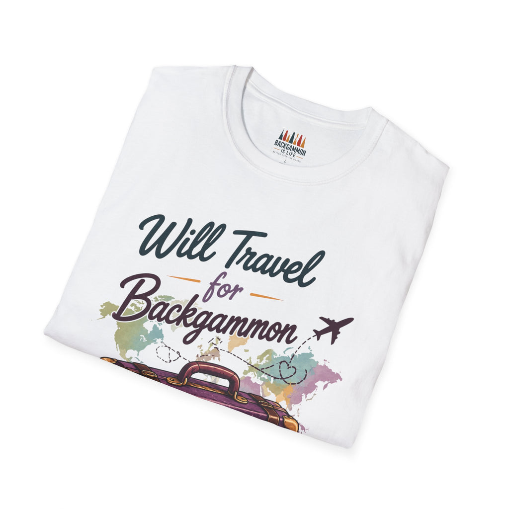 Backgammon Travel T-Shirt — "Will Travel for Backgammon" Vintage Suitcase Design