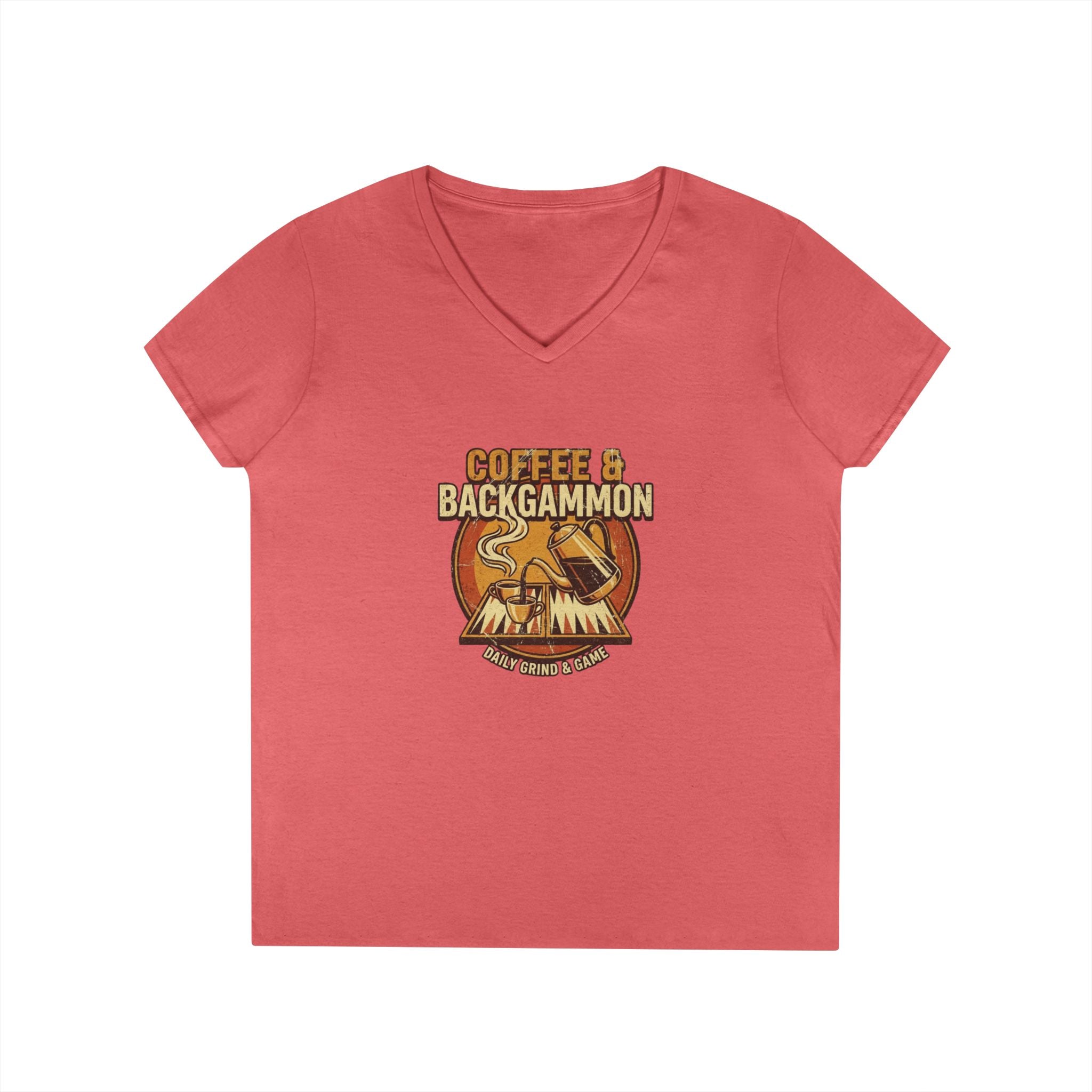 Coffee & Backgammon Ladies' V-Neck T-Shirt — Women's Casual Game Night Shirt
