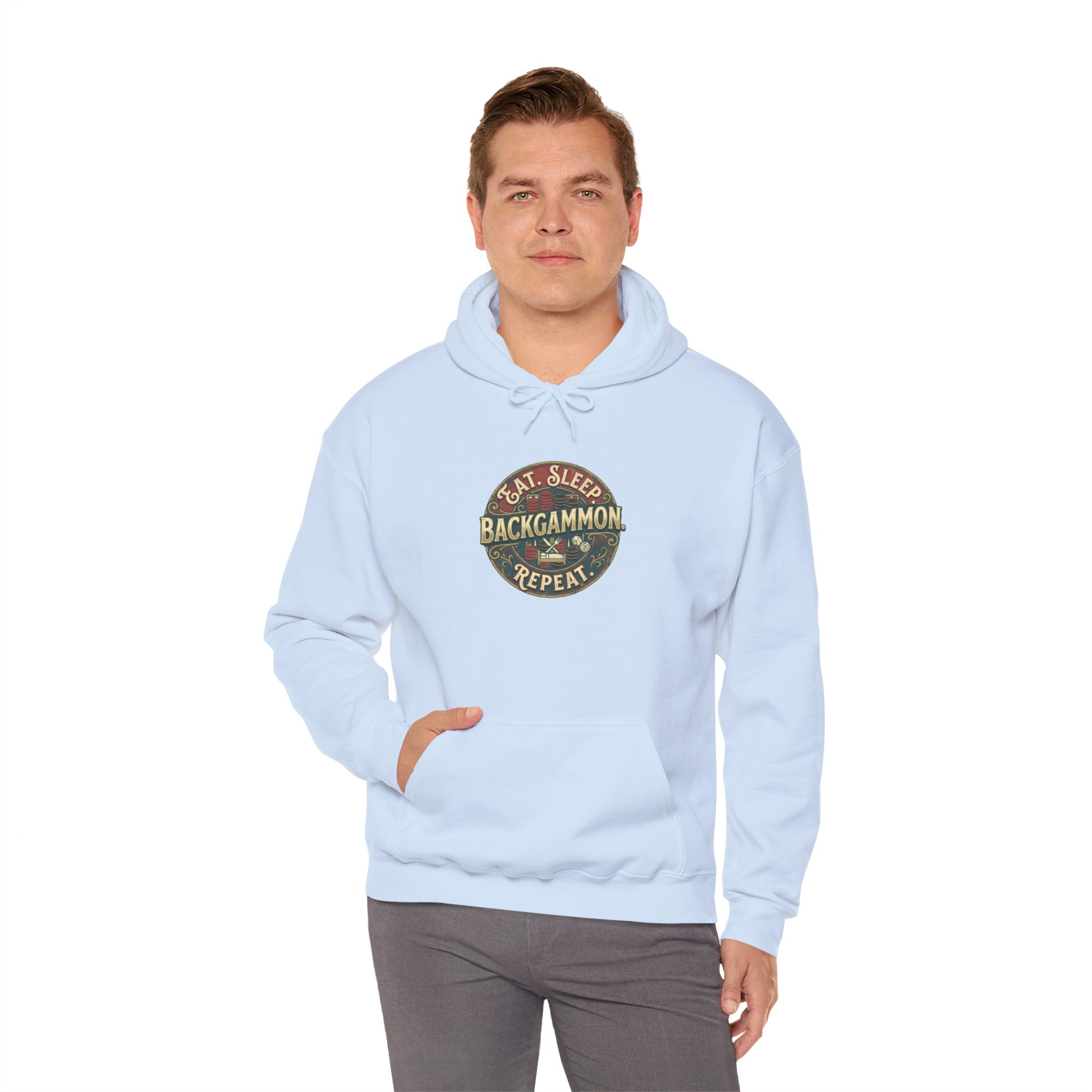 Eat. Sleep. Backgammon. Repeat. Unisex Heavy Blend™ Hooded Sweatshirt - Vintage Game Night Sweatshirt