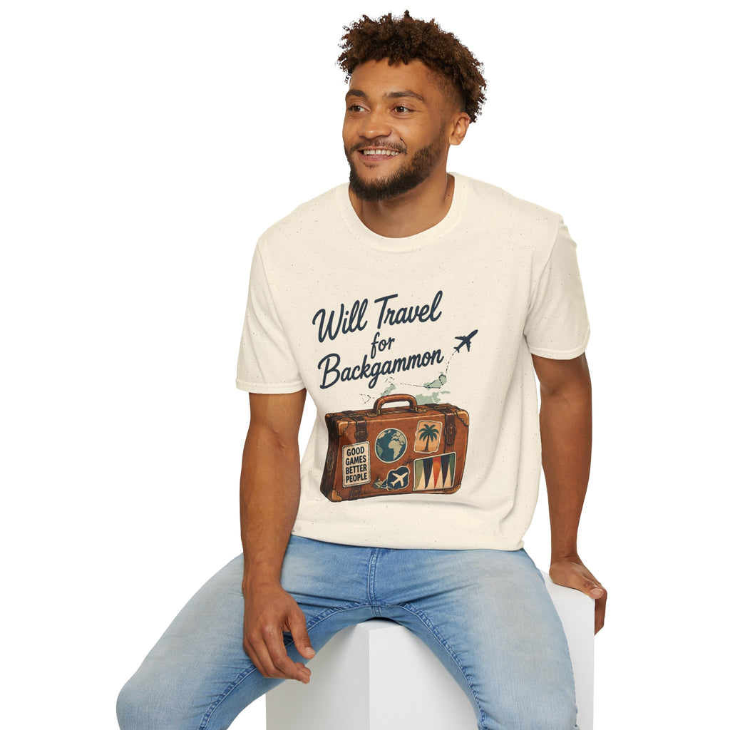 Backgammon Travel T-Shirt — "Will Travel for Backgammon" Vintage Suitcase Design