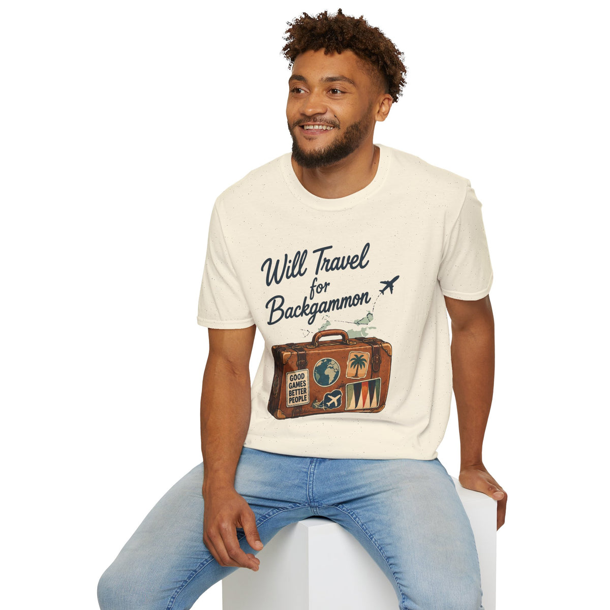 Backgammon Travel T-Shirt — "Will Travel for Backgammon" Vintage Suitcase Design