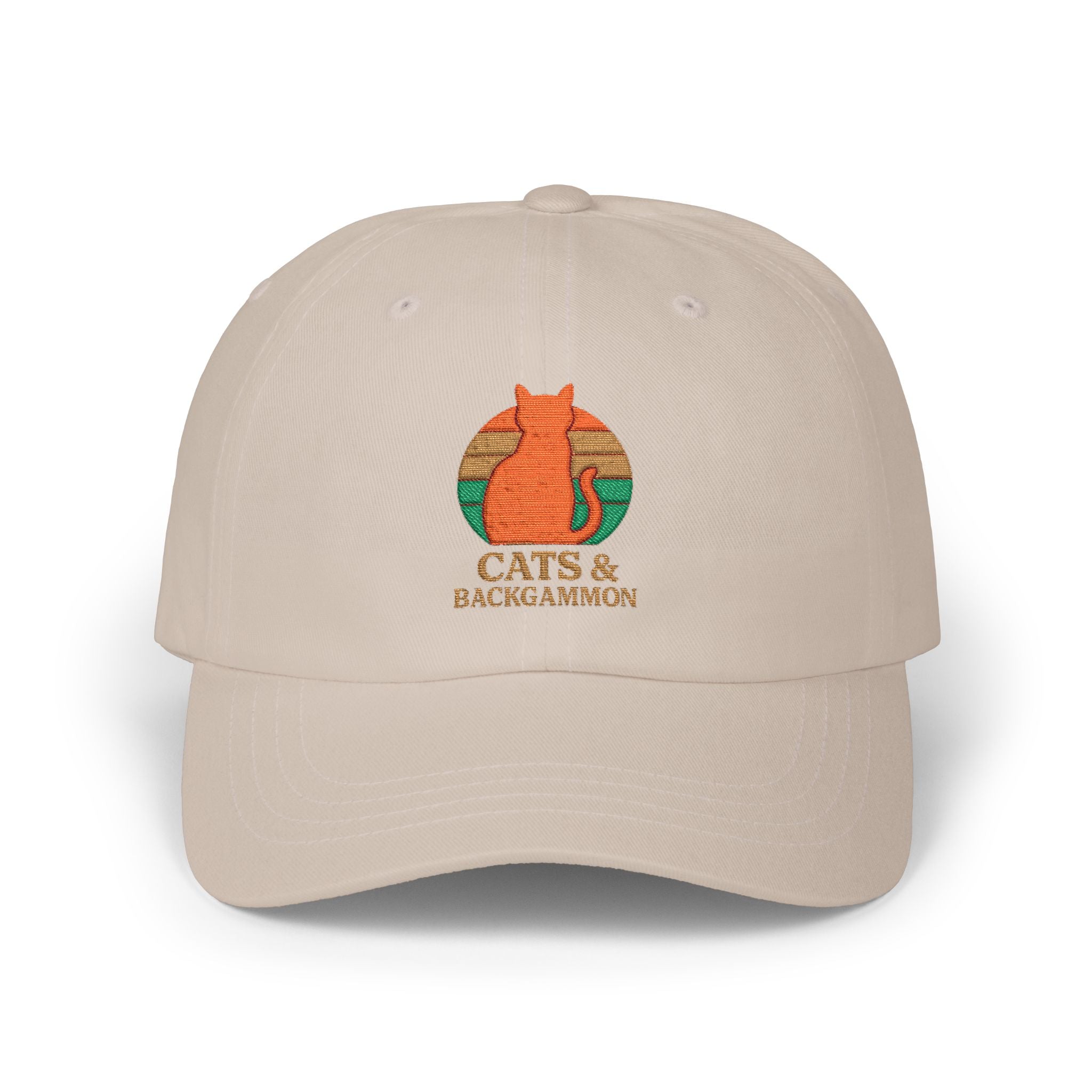 Cats & Backgammon Dad Cap — Retro Orange Cat Embroidered Baseball Hat