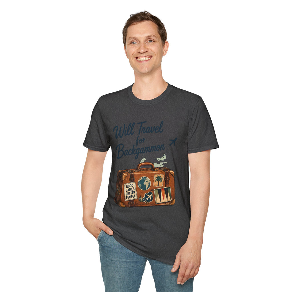 Backgammon Travel T-Shirt — "Will Travel for Backgammon" Vintage Suitcase Design