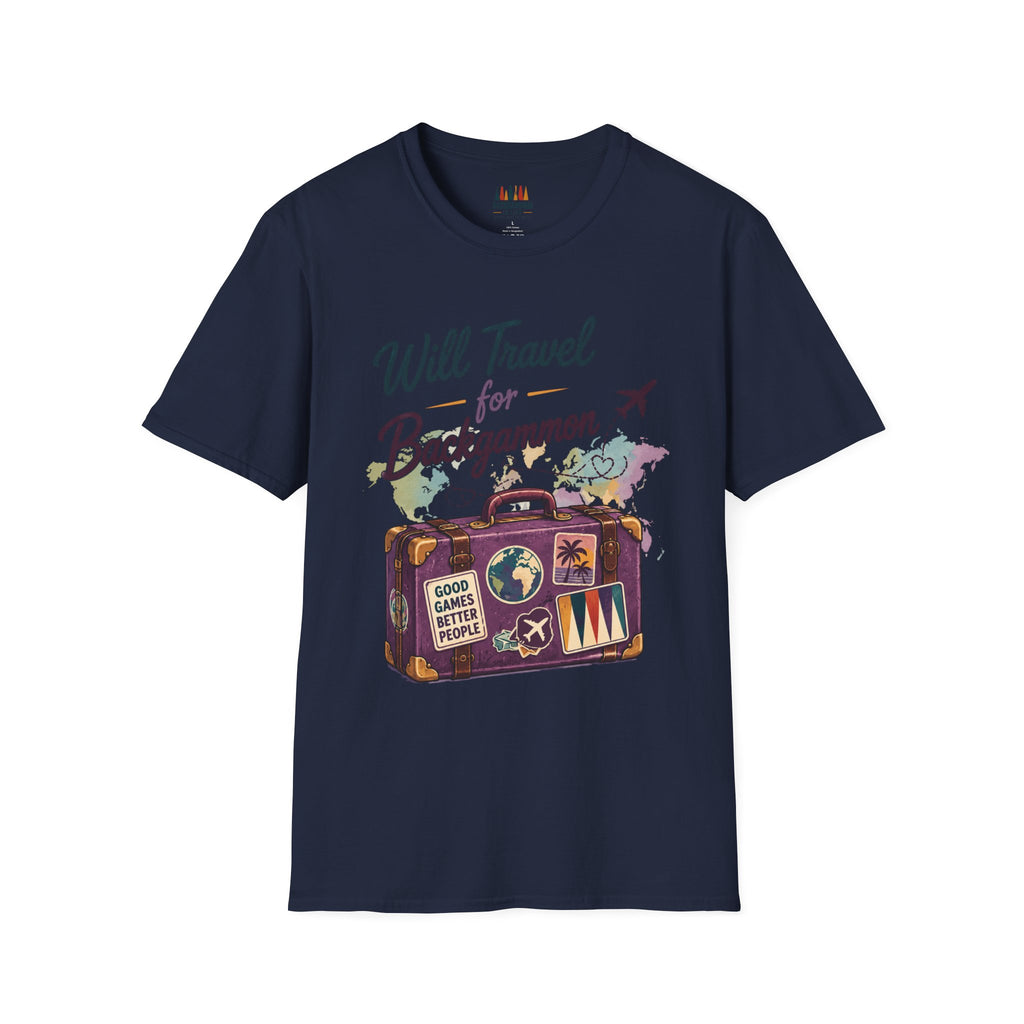 Backgammon Travel T-Shirt — "Will Travel for Backgammon" Vintage Suitcase Design
