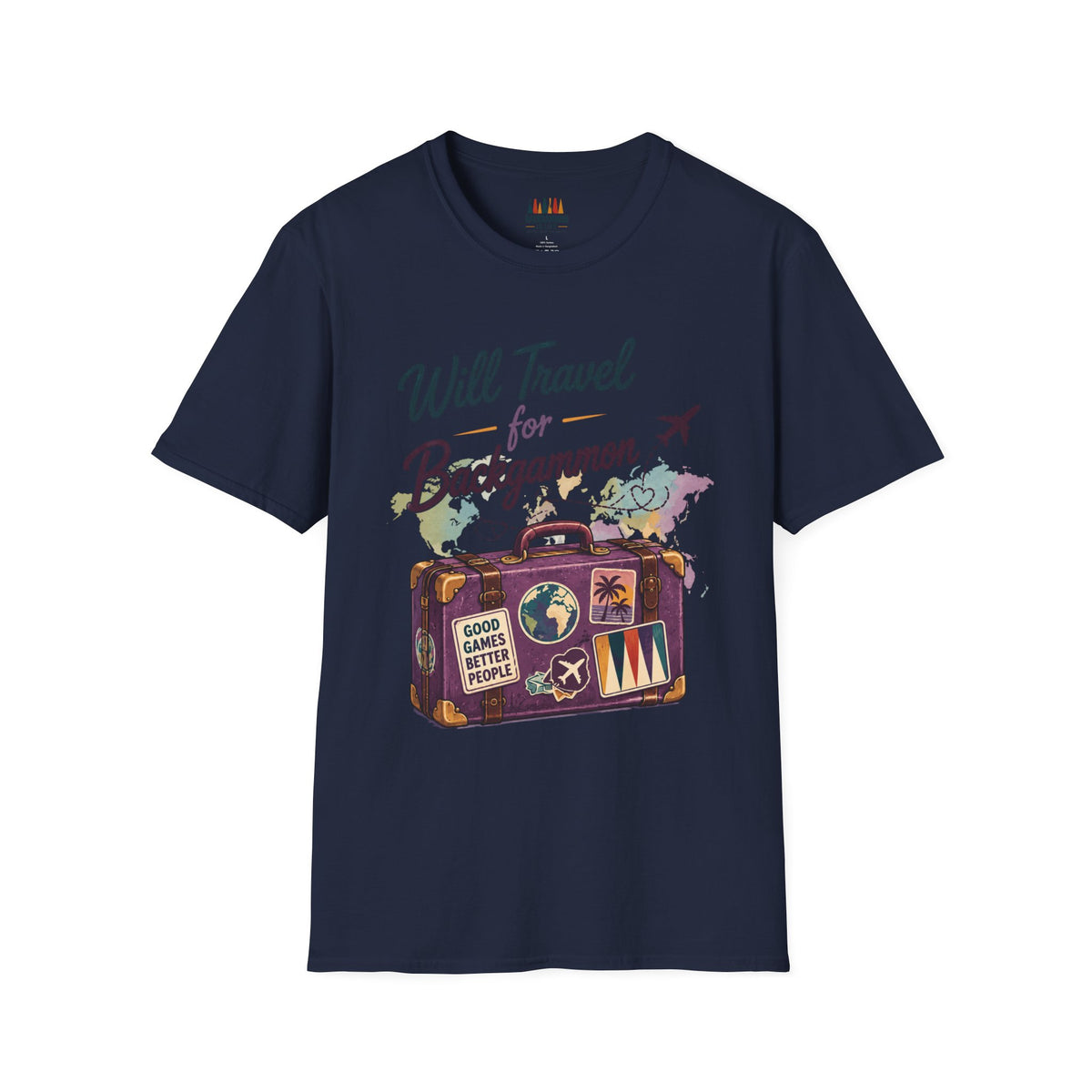 Backgammon Travel T-Shirt — "Will Travel for Backgammon" Vintage Suitcase Design