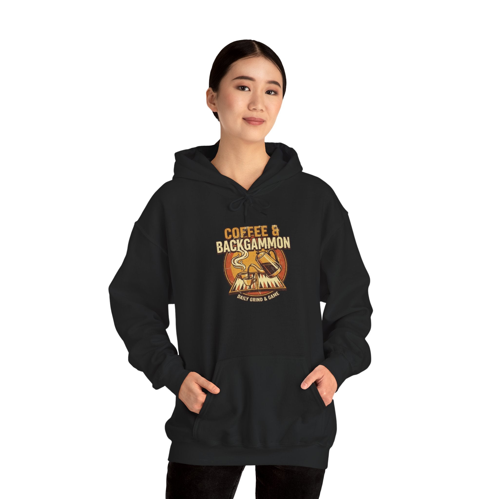 Coffee & Backgammon Unisex Heavy Blend™ Hooded Sweatshirt — Retro Coffee Lovers Game Night Sweatshirt