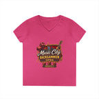 Music City Backgammon Open Ladies' V-Neck T-Shirt — Nashville Guitar & Dice Tournament Tee