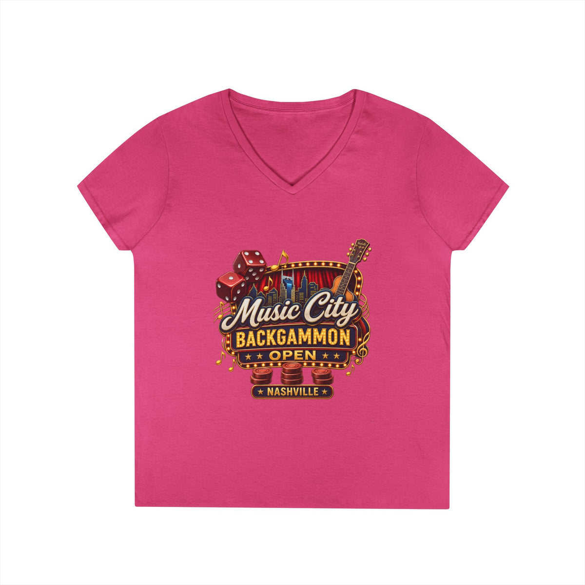Music City Backgammon Open Ladies' V-Neck T-Shirt — Nashville Guitar & Dice Tournament Tee