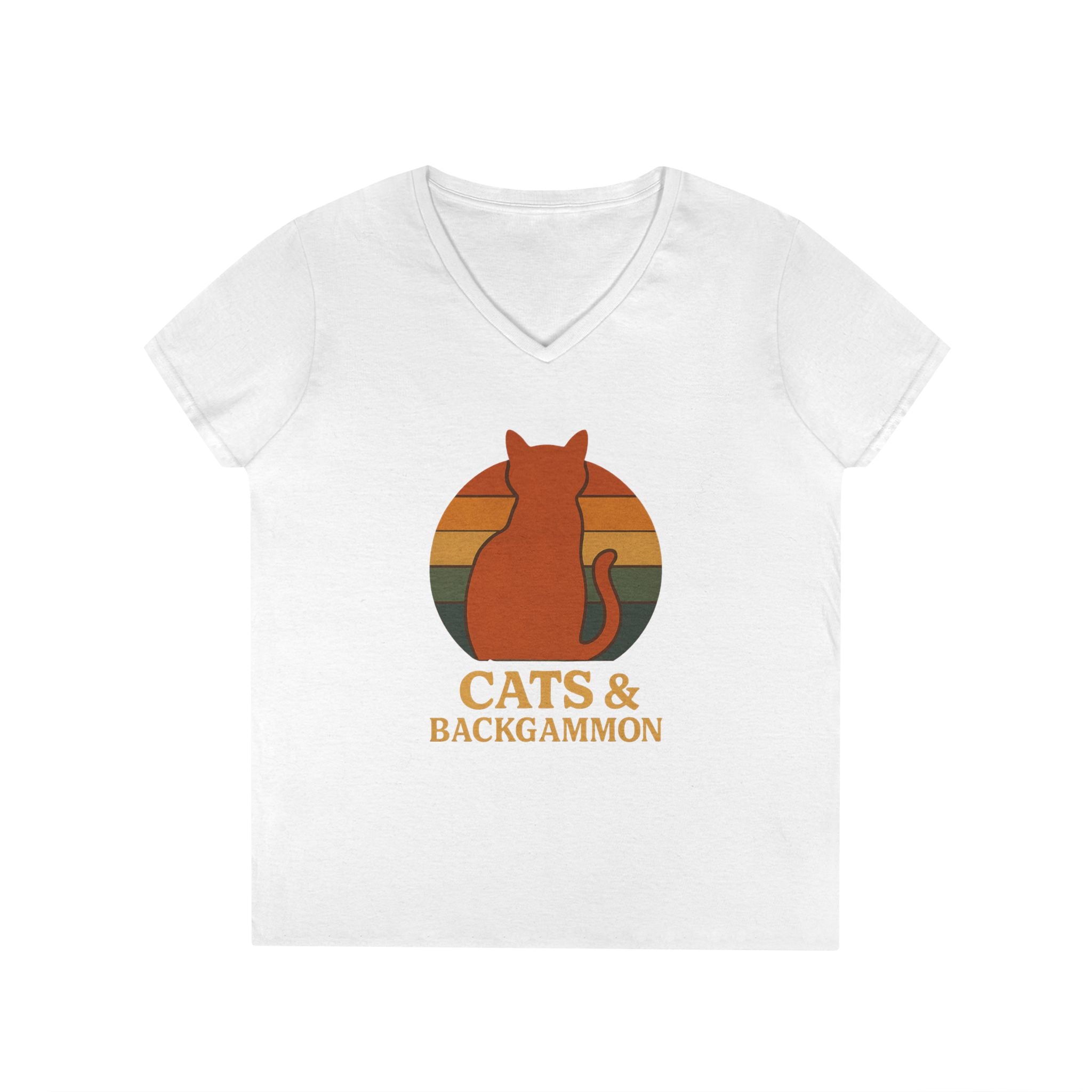 Cats & Backgammon ladies V-Neck Tee — Retro Cat Graphic Shirt for Players & Cat Lovers