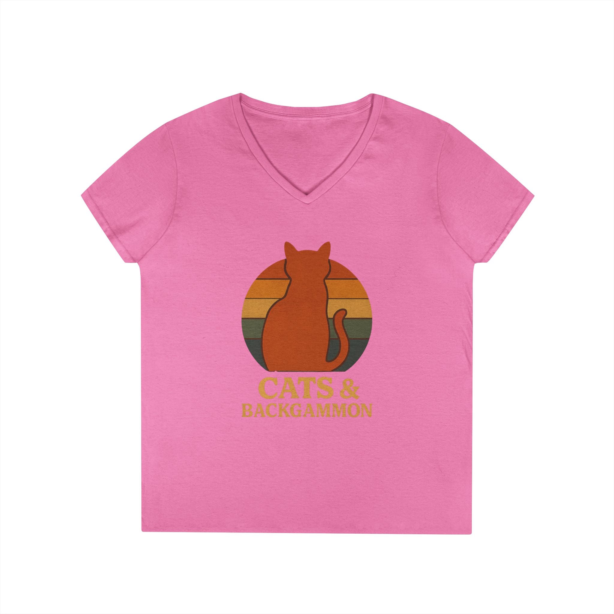 Cats & Backgammon ladies V-Neck Tee — Retro Cat Graphic Shirt for Players & Cat Lovers