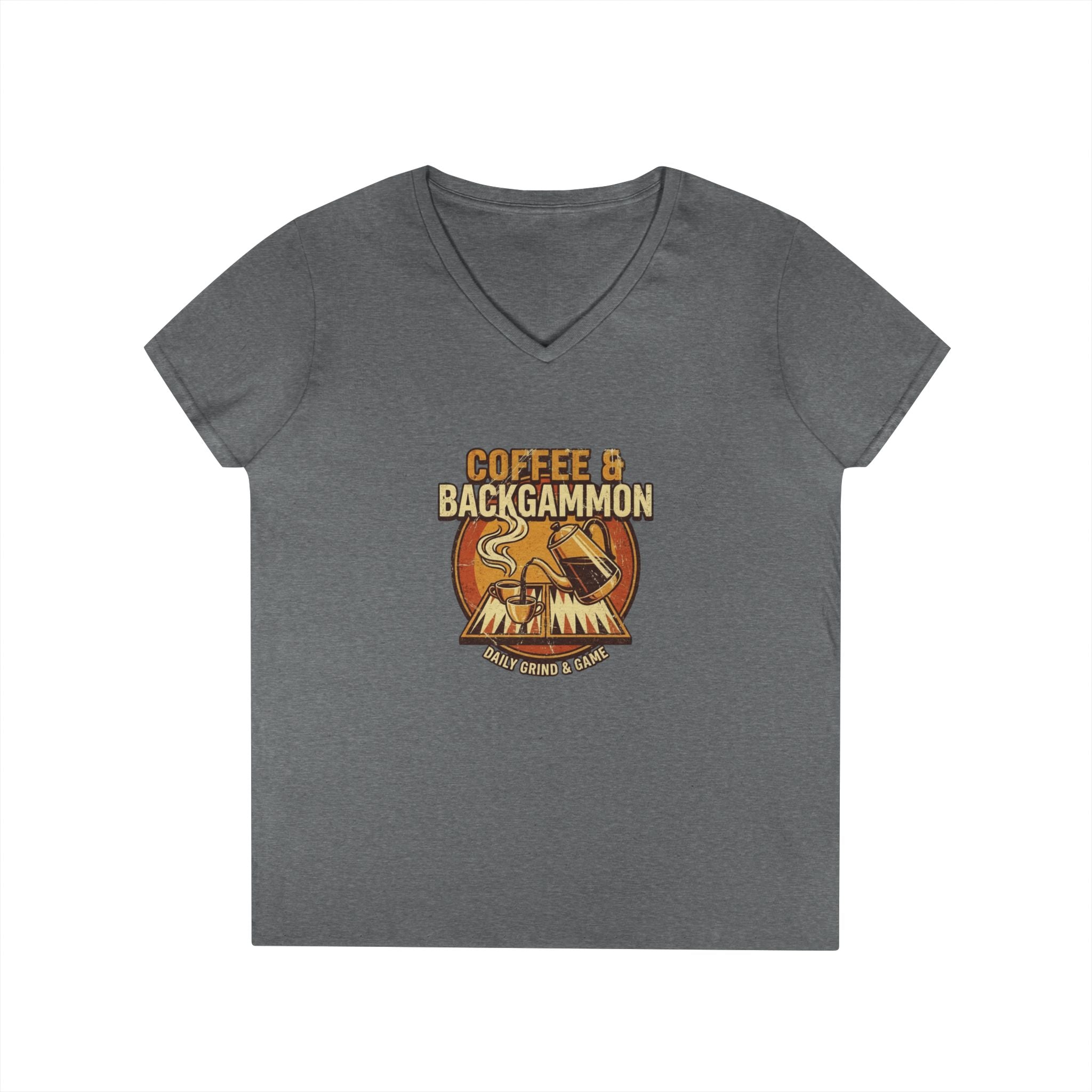 Coffee & Backgammon Ladies' V-Neck T-Shirt — Women's Casual Game Night Shirt