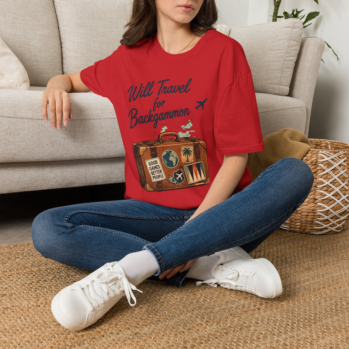 Backgammon Travel T-Shirt — "Will Travel for Backgammon" Vintage Suitcase Design
