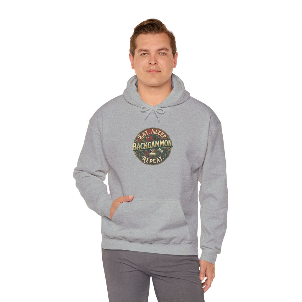 Eat. Sleep. Backgammon. Repeat. Unisex Heavy Blend™ Hooded Sweatshirt - Vintage Game Night Sweatshirt
