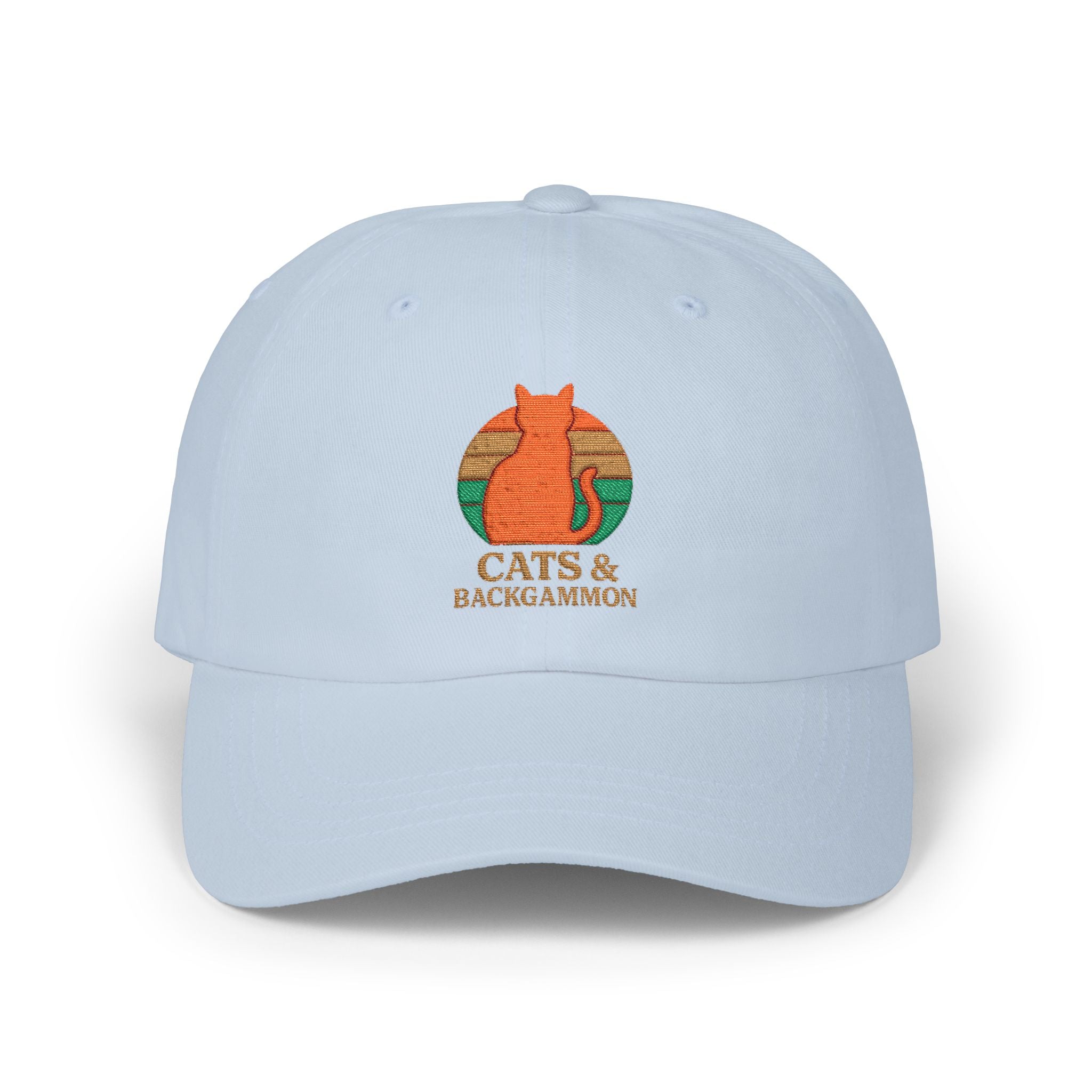 Cats & Backgammon Dad Cap — Retro Orange Cat Embroidered Baseball Hat