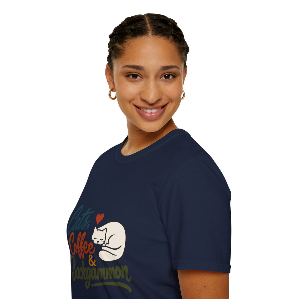 Cats, Coffee & Backgammon 2 T-Shirt — Retro Cat Lover Tee