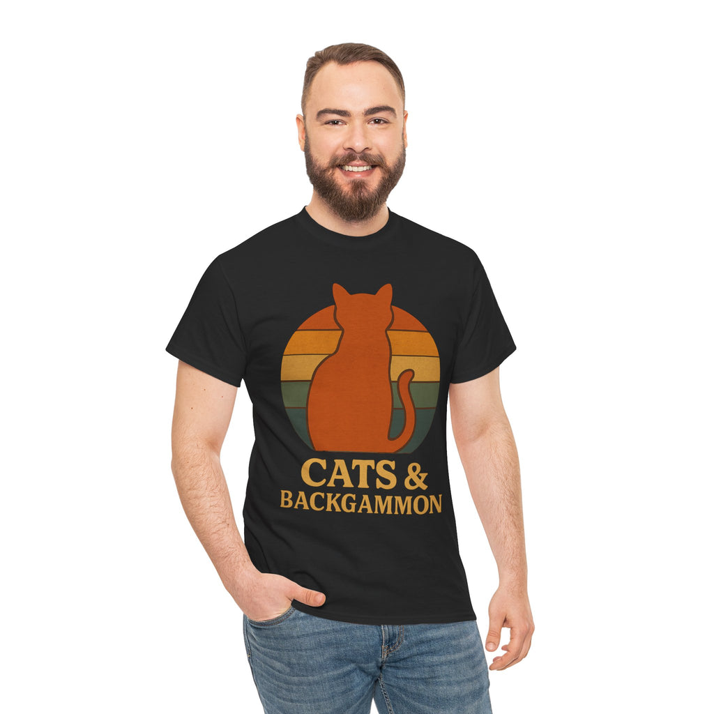 Retro Cat Silhouette Cats & Backgammon T-Shirt | Vintage Sunset Cat Tee