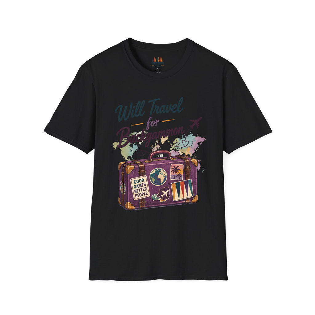 Backgammon Travel T-Shirt — "Will Travel for Backgammon" Vintage Suitcase Design