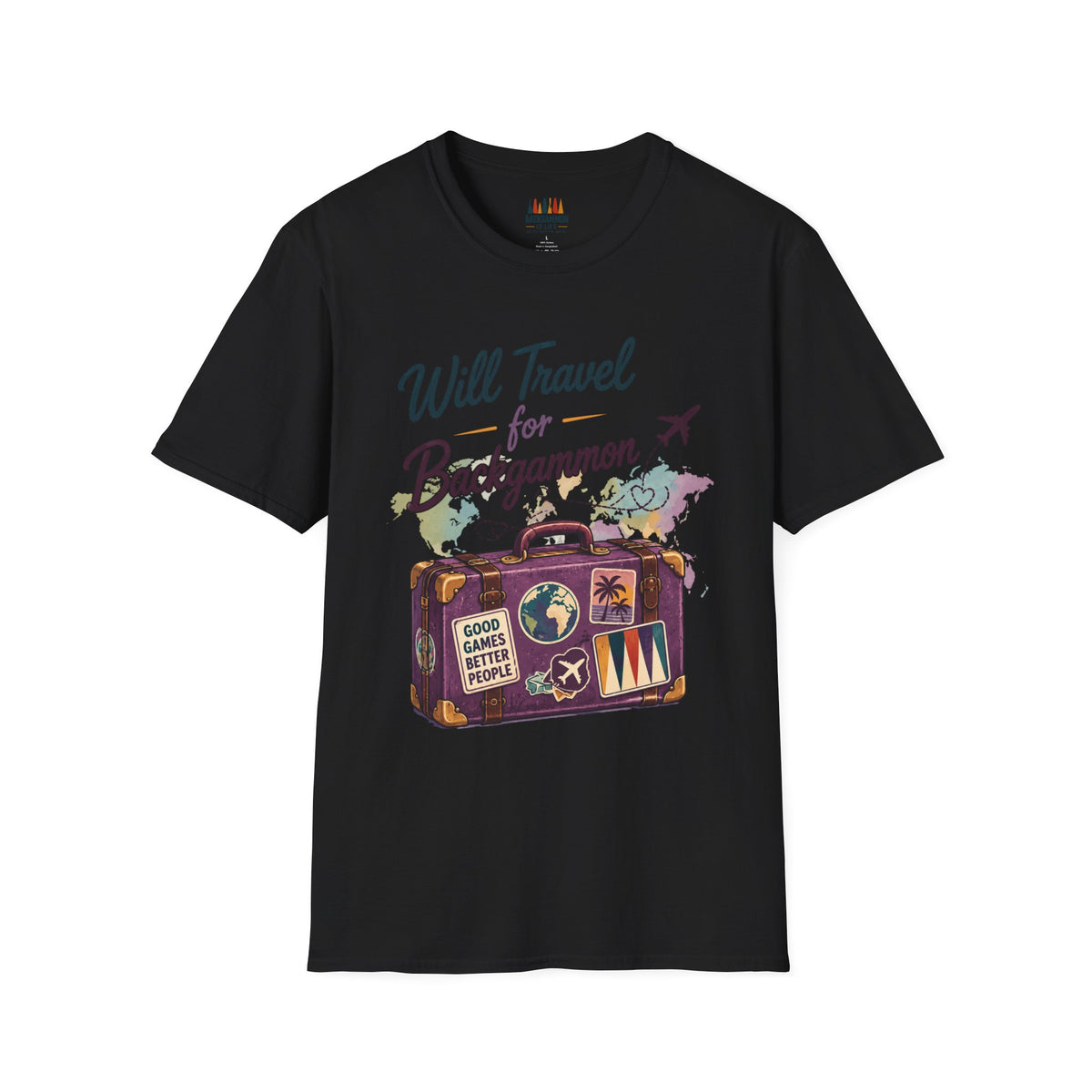 Backgammon Travel T-Shirt — "Will Travel for Backgammon" Vintage Suitcase Design