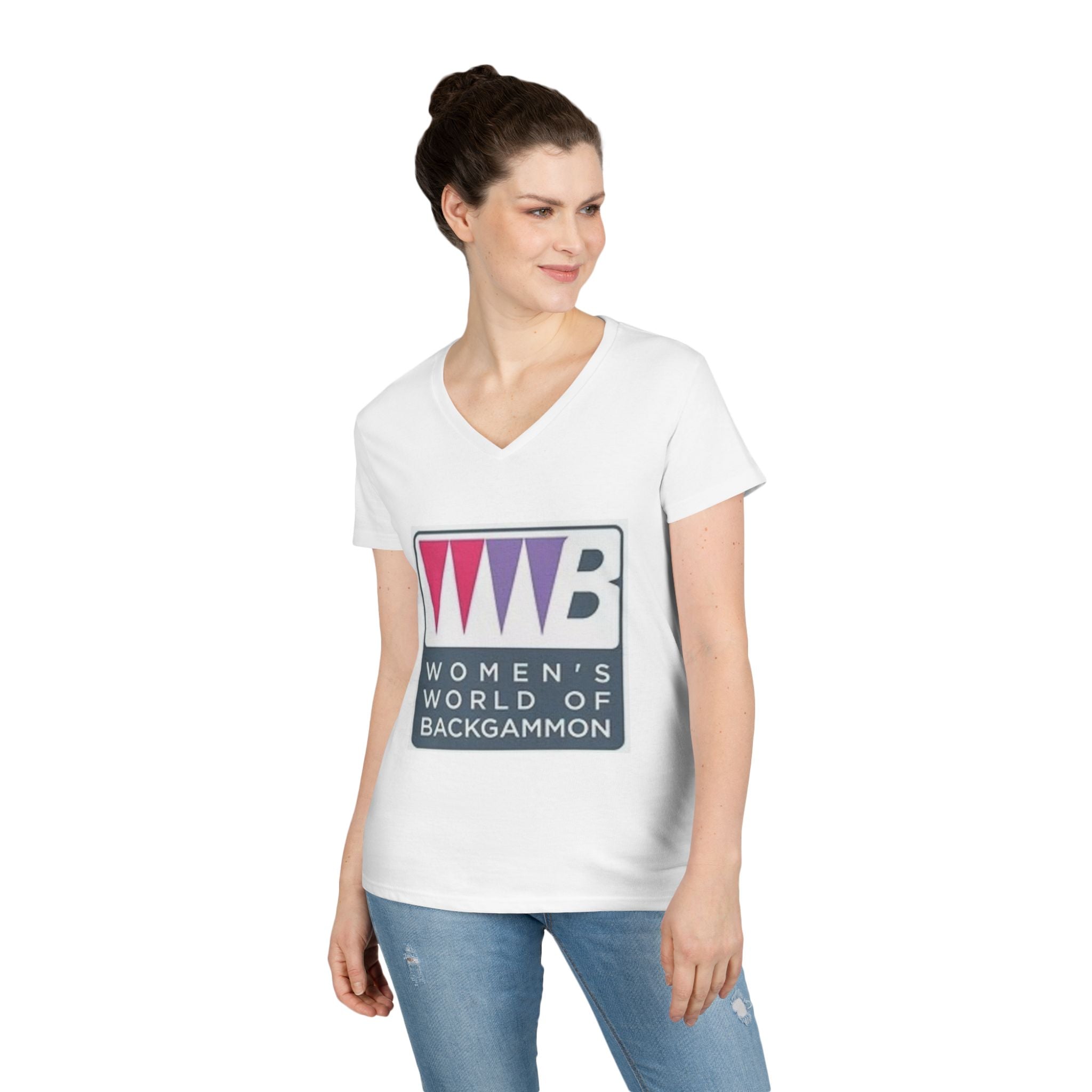 Women's World of Backgammon V-Neck T-Shirt — Ladies Backgammon Logo Tee