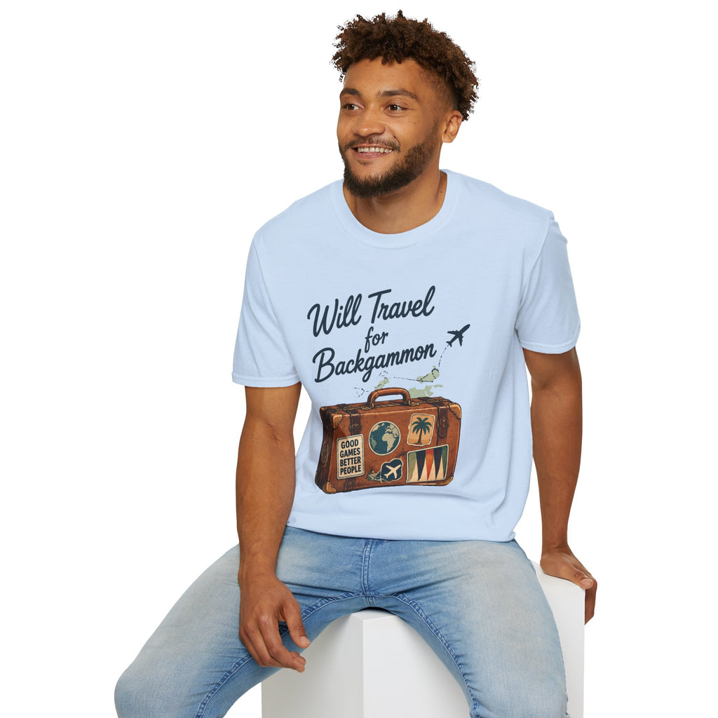 Backgammon Travel T-Shirt — "Will Travel for Backgammon" Vintage Suitcase Design