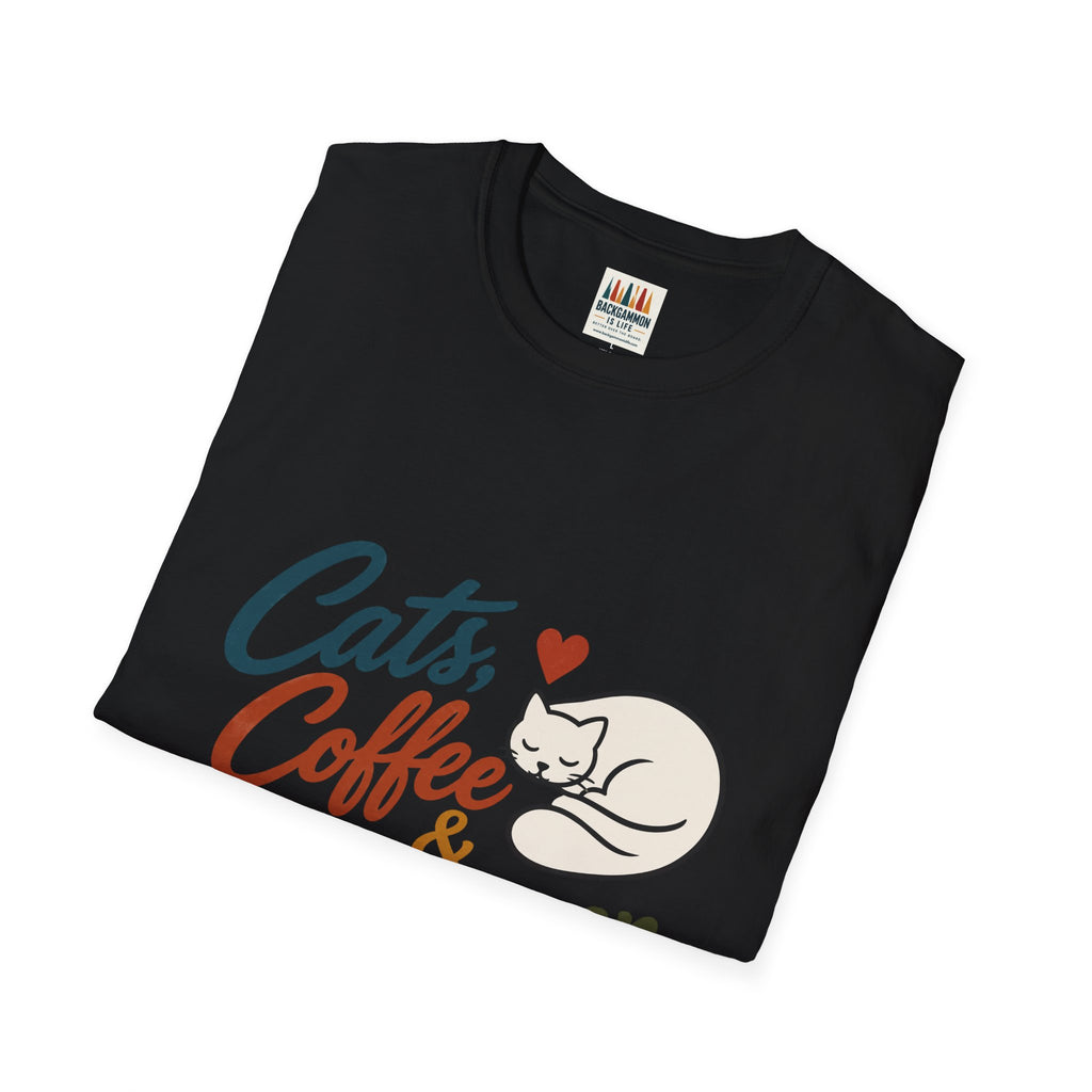 Cats, Coffee & Backgammon 2 T-Shirt — Retro Cat Lover Tee