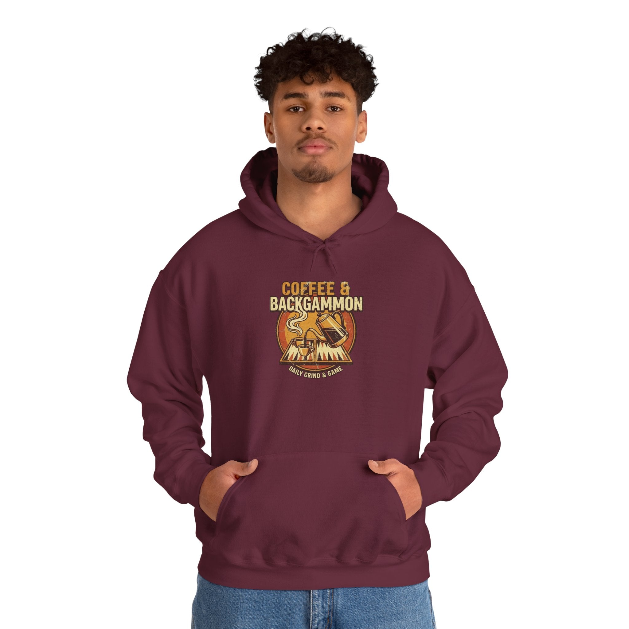 Coffee & Backgammon Unisex Heavy Blend™ Hooded Sweatshirt — Retro Coffee Lovers Game Night Sweatshirt