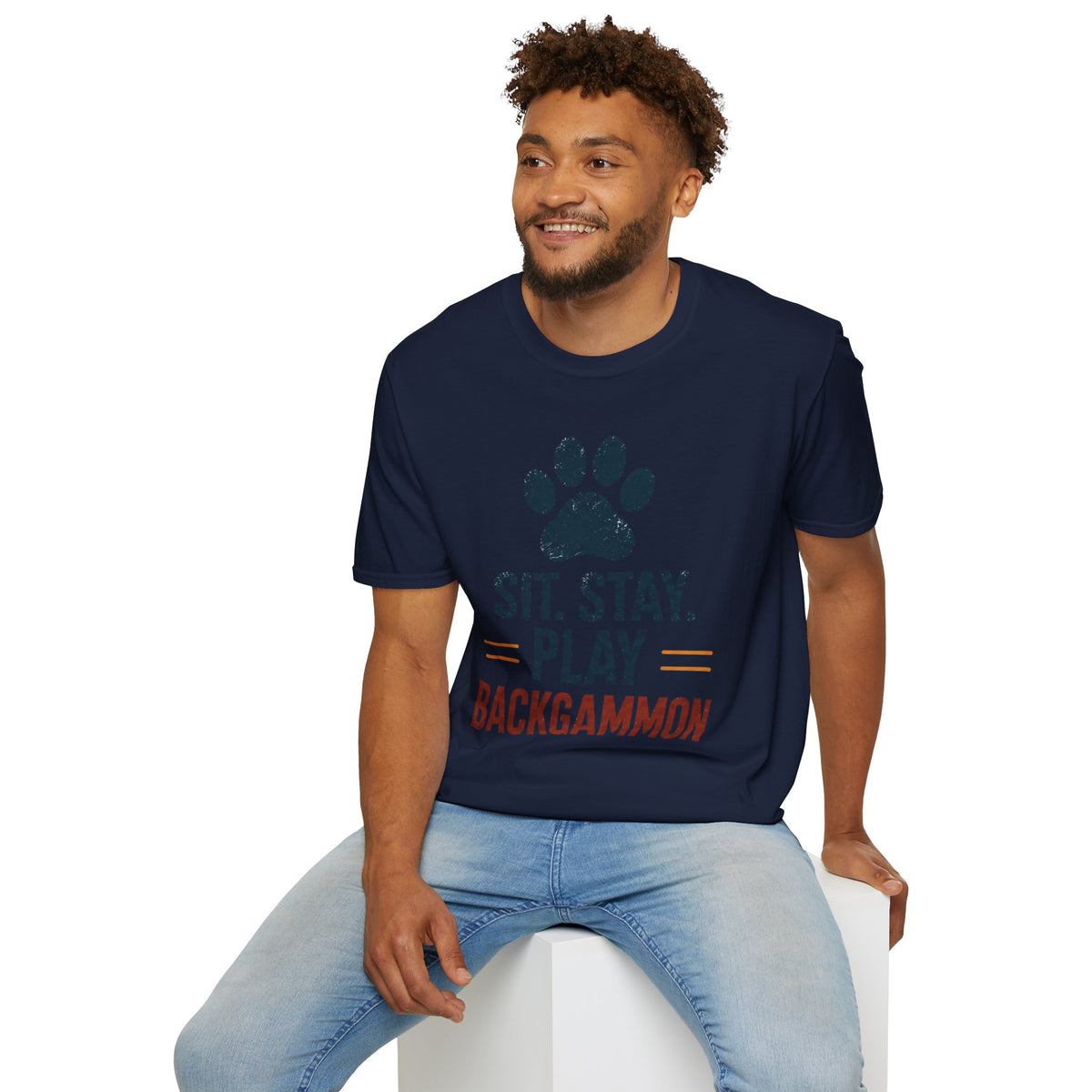 Backgammon T-Shirt — "Sit. Stay. Play Backgammon" Paw Print Tee