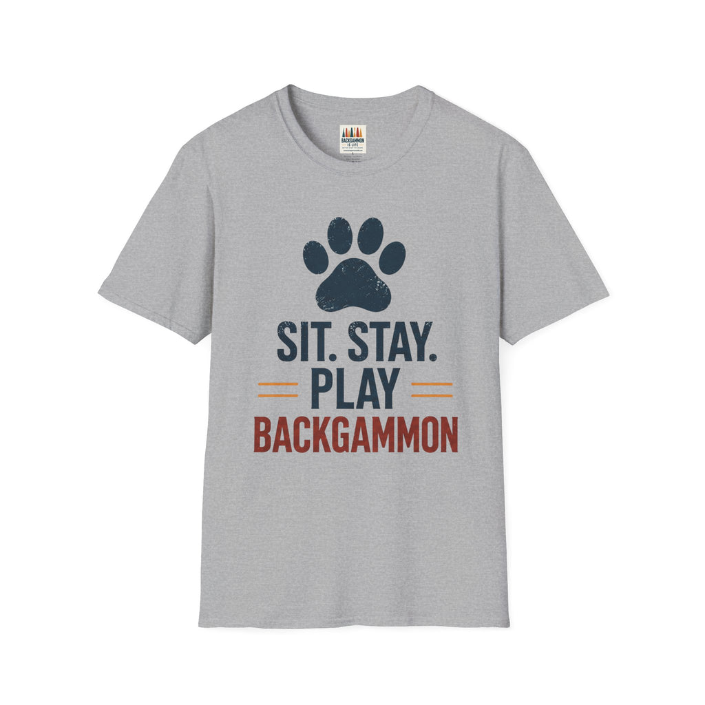 Backgammon T-Shirt — "Sit. Stay. Play Backgammon" Paw Print Tee