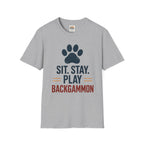 Backgammon T-Shirt — "Sit. Stay. Play Backgammon" Paw Print Tee