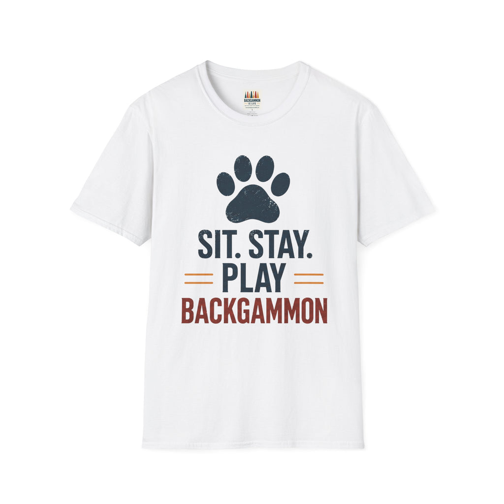 Backgammon T-Shirt — "Sit. Stay. Play Backgammon" Paw Print Tee