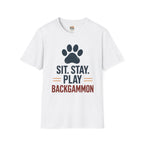 Backgammon T-Shirt — "Sit. Stay. Play Backgammon" Paw Print Tee