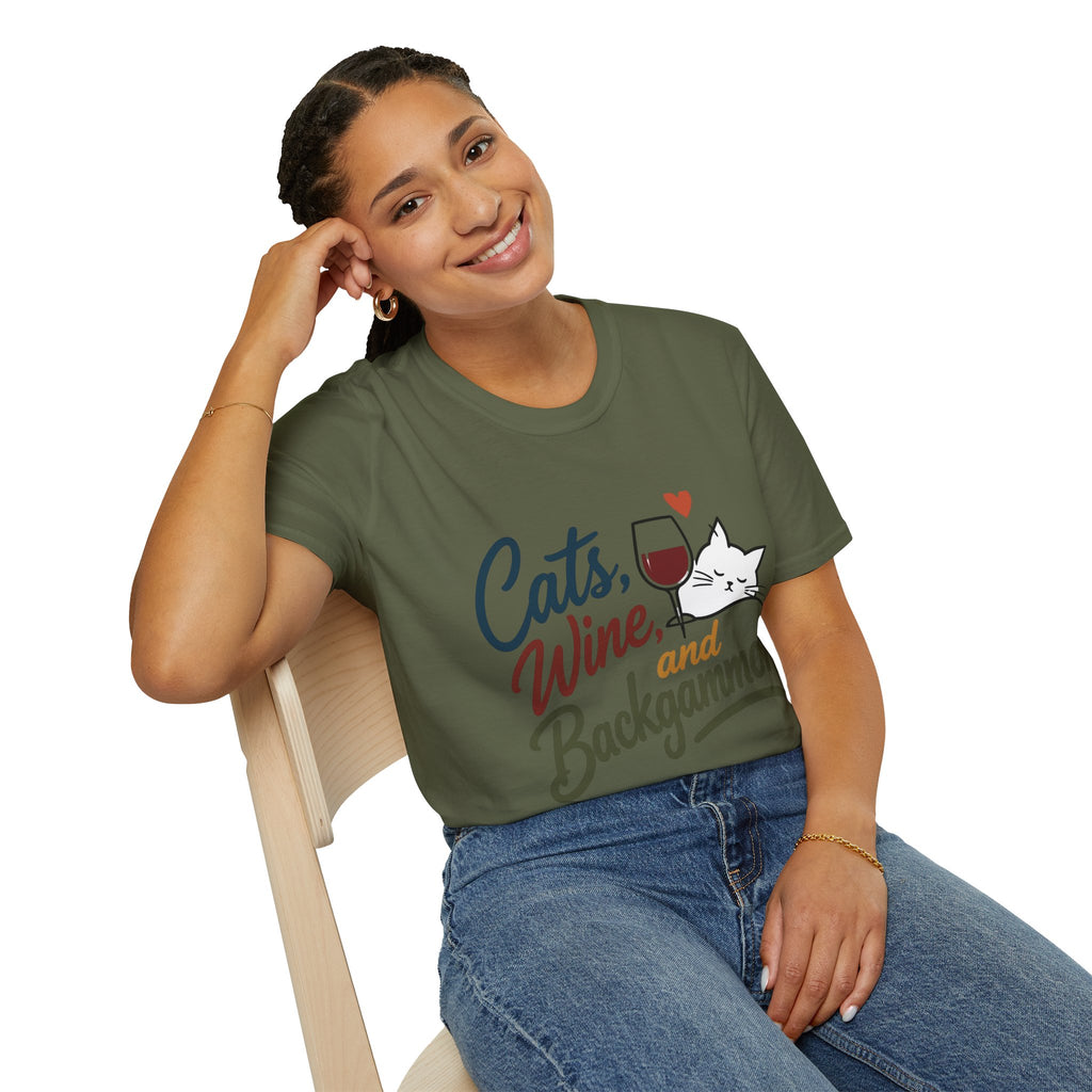 Cats, Wine & Backgammon T-Shirt — Funny Cat Lover Graphic Tee
