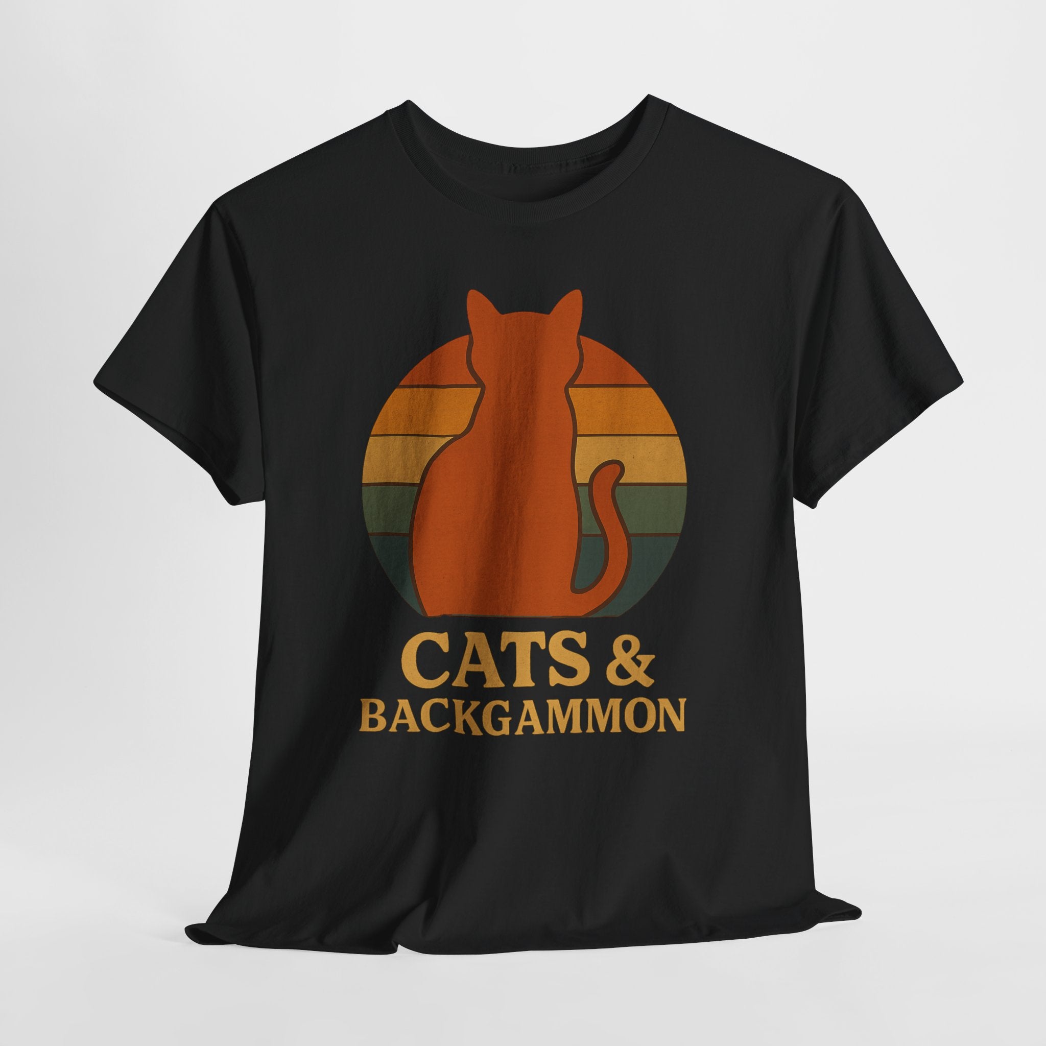 Retro Cat Silhouette Cats & Backgammon T-Shirt | Vintage Sunset Cat Tee
