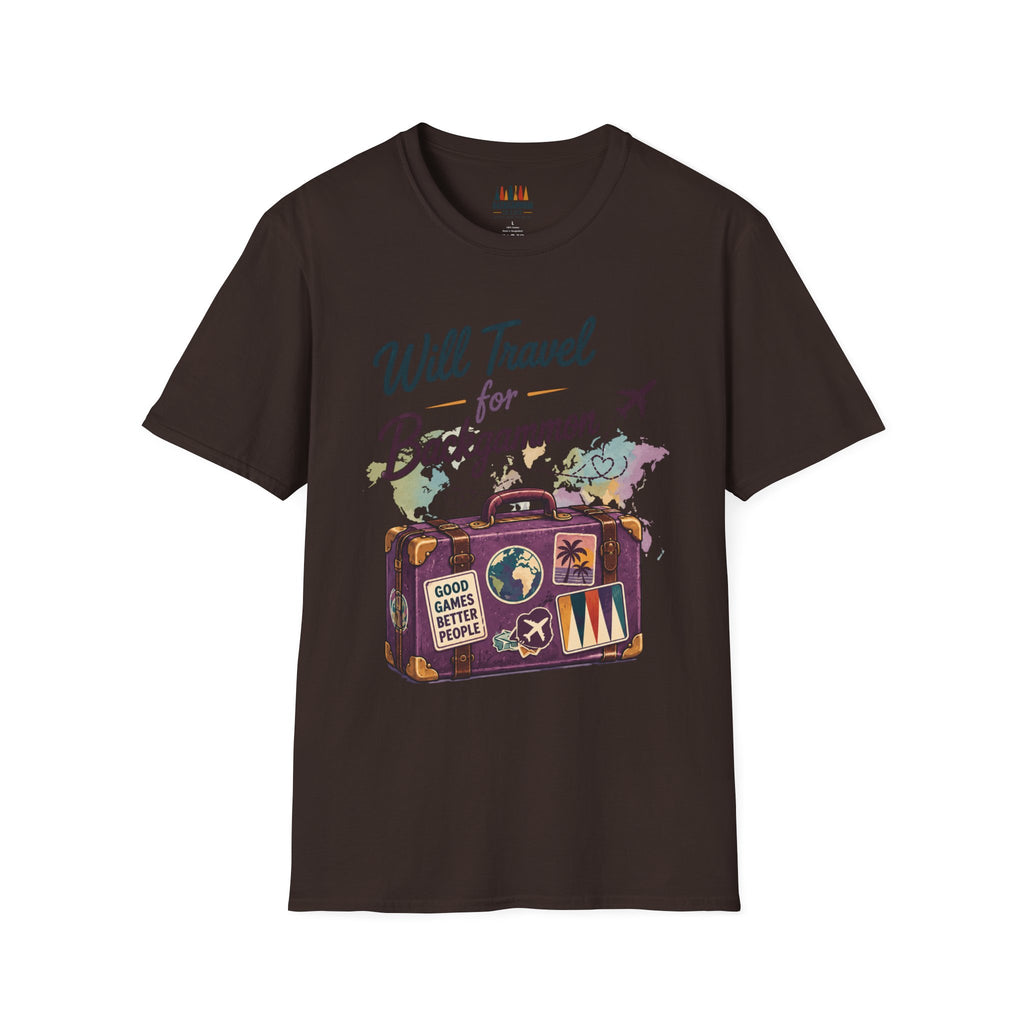 Backgammon Travel T-Shirt — "Will Travel for Backgammon" Vintage Suitcase Design