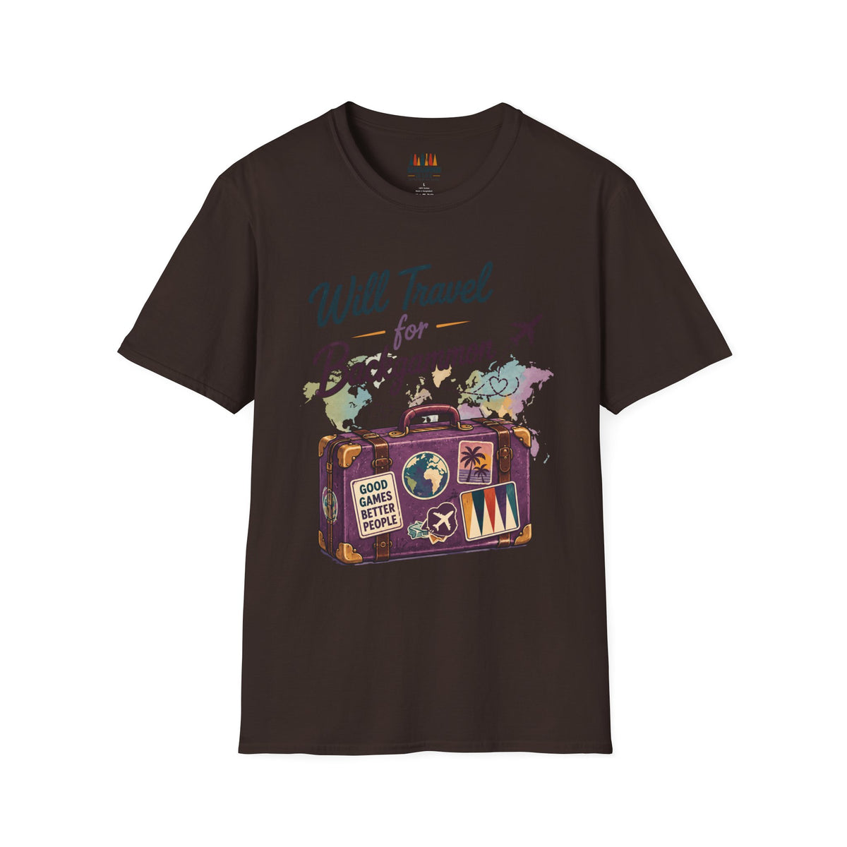 Backgammon Travel T-Shirt — "Will Travel for Backgammon" Vintage Suitcase Design