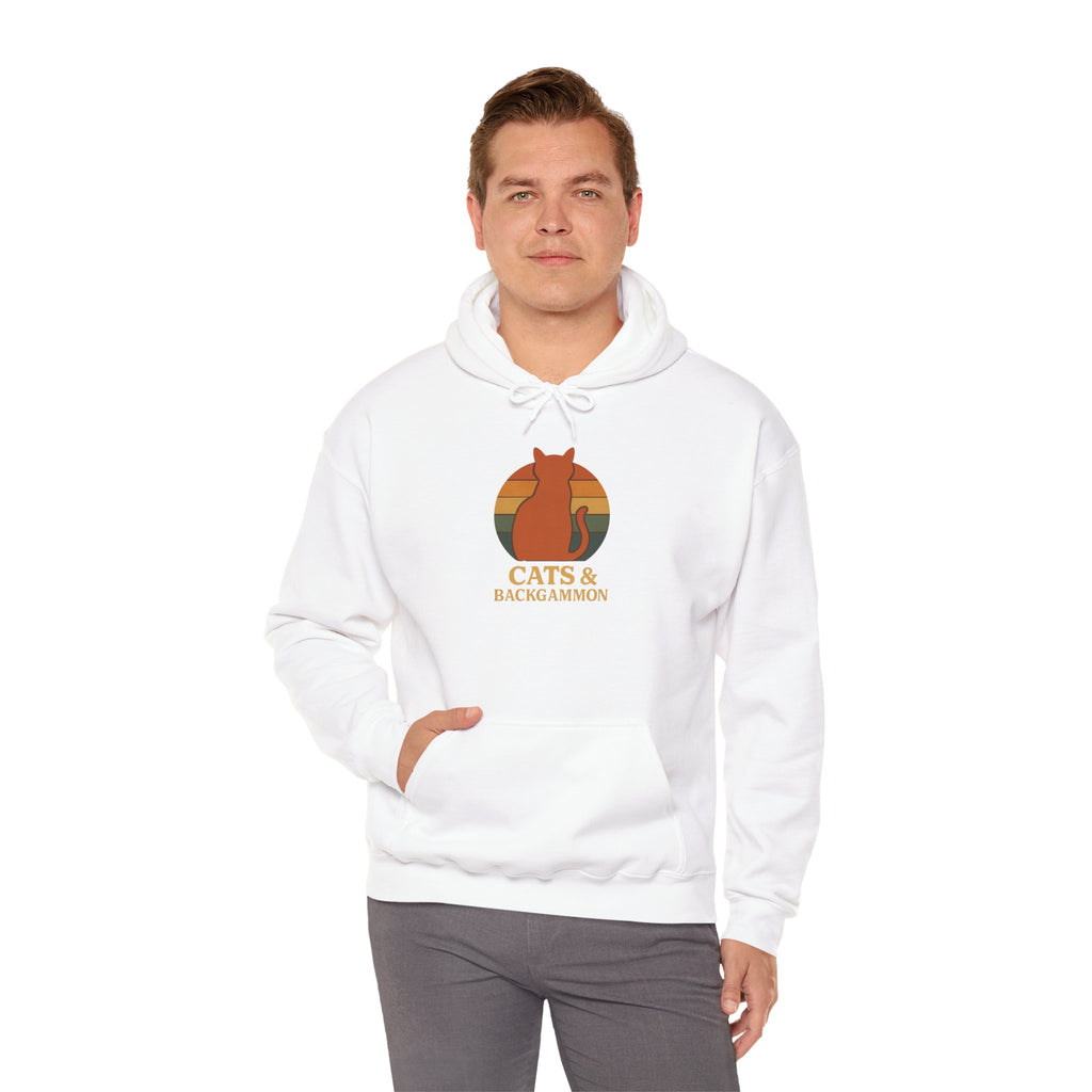 Cats & Backgammon Hoodie — Retro Sunset Cat Game Lover Pullover