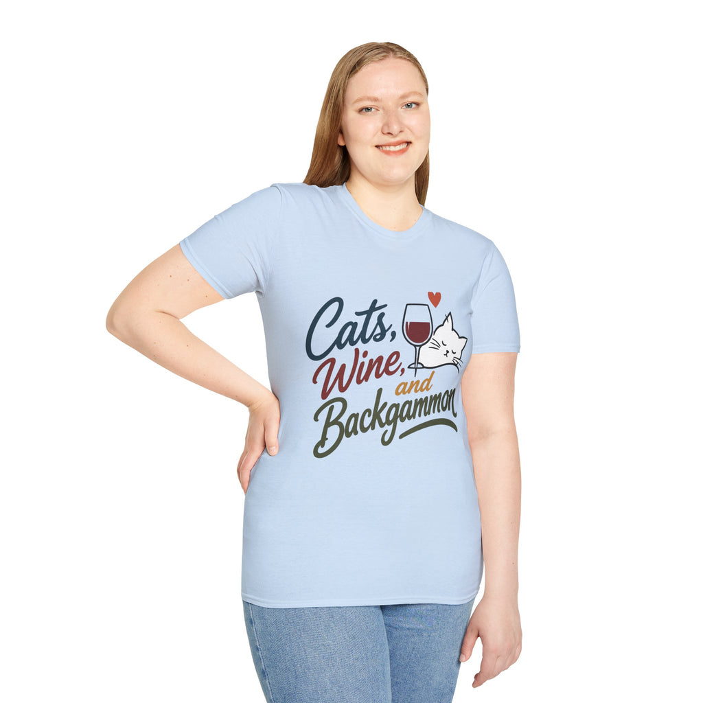 Cats, Wine & Backgammon T-Shirt — Funny Cat Lover Graphic Tee