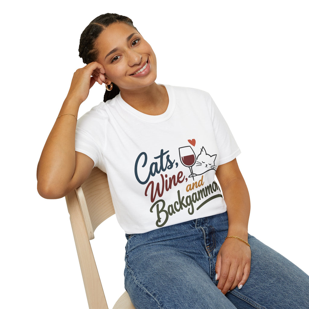 Cats, Wine & Backgammon T-Shirt — Funny Cat Lover Graphic Tee