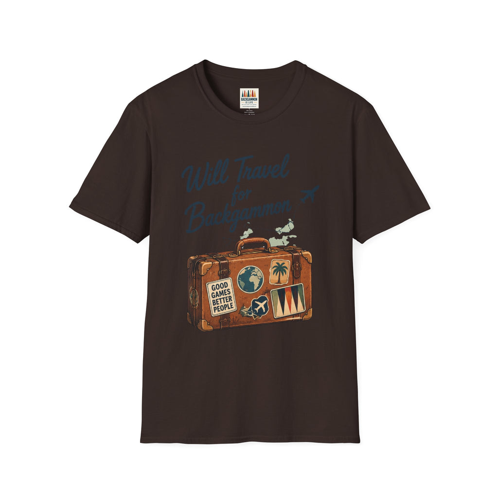 Backgammon Travel T-Shirt — "Will Travel for Backgammon" Vintage Suitcase Design