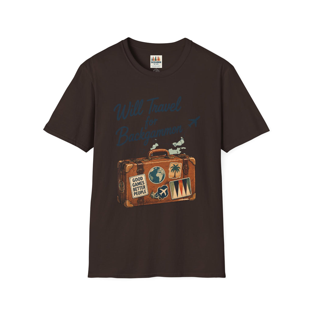 Backgammon Travel T-Shirt — "Will Travel for Backgammon" Vintage Suitcase Design