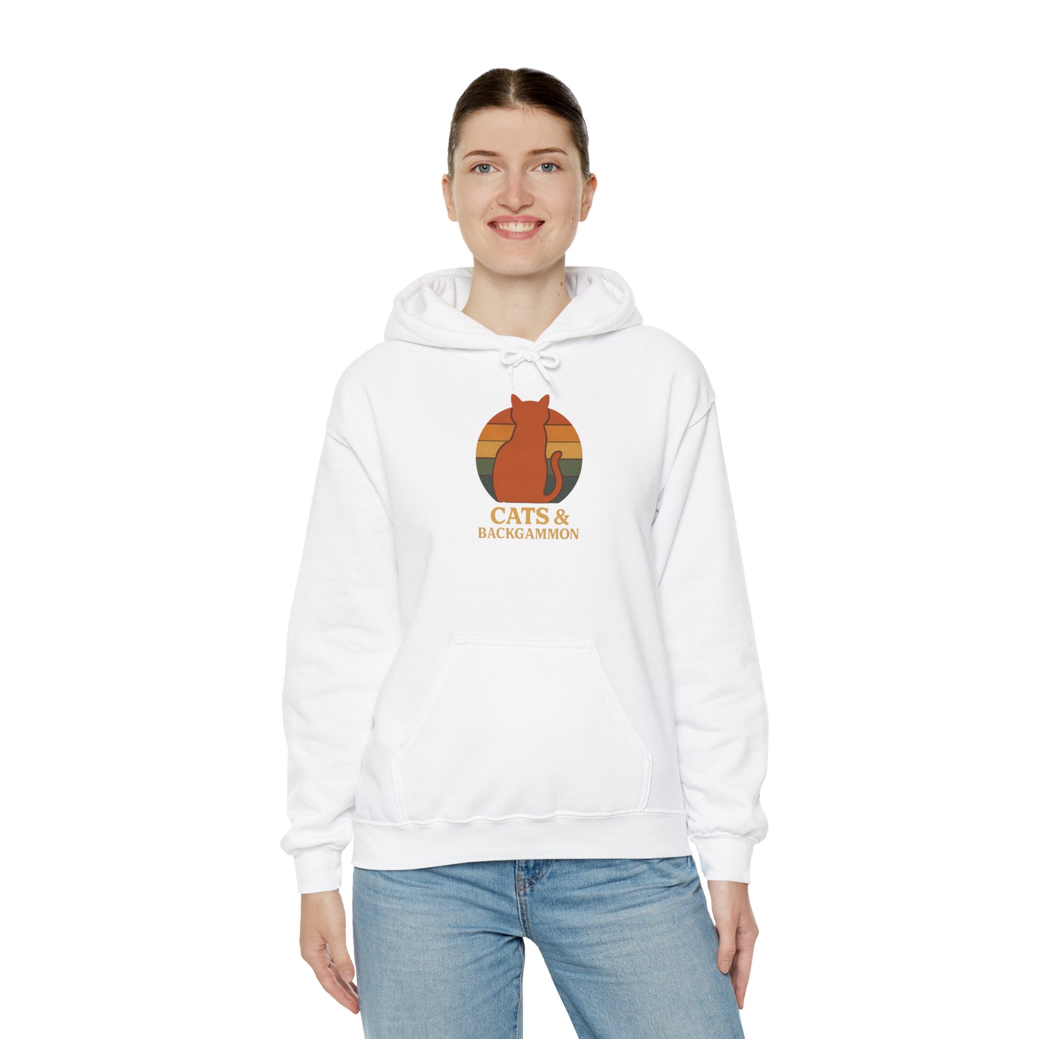 Cats & Backgammon Hoodie — Retro Sunset Cat Game Lover Pullover